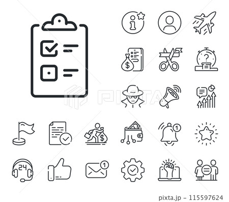 Clipboard document sign. Salaryman, gender equality and alert bell outline icons. Checklist line icon. Questioning survey symbol. Checklist line sign. Spy or profile placeholder icon. Vector Clipboard document sign. Salaryman, gender equality and alert bell outline icons. Checklist line icon. Questioning survey symbol. Checklist line sign. Spy or profile placeholder icon. Vector 115597624