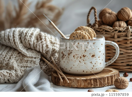 Cozy Winter Morning With Coffee, Cookies, and Knitted Blanket Cozy Winter Morning With Coffee, Cookies, and Knitted Blanket 115597859