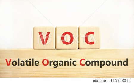 VOC volatile organic compound symbol. Concept words VOC volatile organic compound on beautiful wooden blocks. Beautiful white background. Business VOC volatile organic compound concept. Copy space. VOC volatile organic compound symbol. Concept words VOC volatile organic compound on beautiful wooden blocks. Beautiful white background. Business VOC volatile organic compound concept. Copy space. 115598019