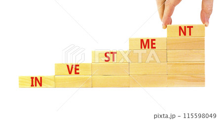 Investment symbol. Concept word Investment on beautiful wooden blocks. Businessman hand. Beautiful white background. Business investment concept. Copy space. Investment symbol. Concept word Investment on beautiful wooden blocks. Businessman hand. Beautiful white background. Business investment concept. Copy space. 115598049