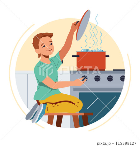 Little boy opening lid of boiling water pot illustration Little boy opening lid of boiling water pot illustration 115598127