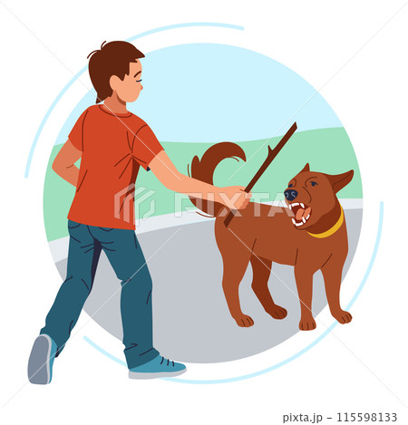 Boy teasing angry dog with stick flat color illustration 115598133
