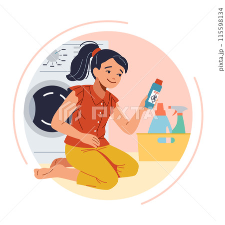 Little girl playing with detergents at home illustration 115598134