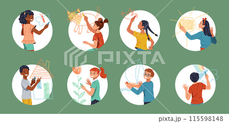 Little children drawing avatars color vector icon big set 115598148