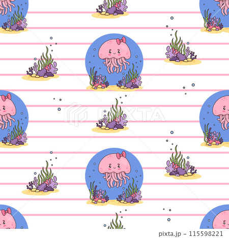Seamless pattern with jellyfish pink girl with underwater landscape on white striped background. Vector illustration. Cartoon cute undersea character animal. Kids collection Seamless pattern with jellyfish pink girl with underwater landscape on white striped background. Vector illustration. Cartoon cute undersea character animal. Kids collection 115598221