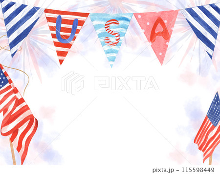 Colored banner and USA flags on National holidays. Independence Day, Memorial Day. Title USA. Patriotism and pride. Watercolor illustration. Horizontal frame with empty space. For celebrating card Colored banner and USA flags on National holidays. Independence Day, Memorial Day. Title USA. Patriotism and pride. Watercolor illustration. Horizontal frame with empty space. For celebrating card 115598449