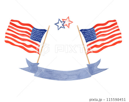 American Independence Day. Two flying National flags, stars. Blue ribbon with space for inscription. Happy 4th of July in blue red colors. Watercolor illustration. Celebrating card. Independence day 115598451