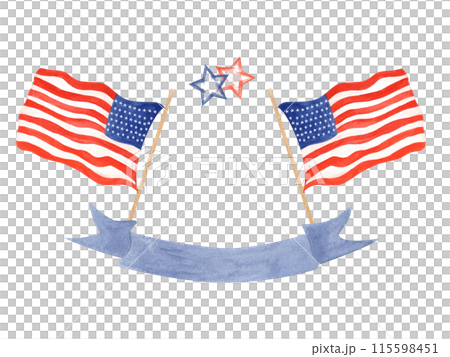 American Independence Day. Two flying National flags, stars. Blue ribbon with space for inscription. Happy 4th of July in blue red colors. Watercolor illustration. Celebrating card. Independence day 115598451