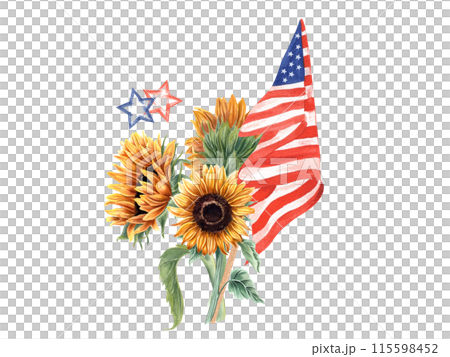 Celebrating Sunflower Bouquet with American Flag and stars. Yellow Flowers and national flag. Watercolor illustration. Fourth of July USA, Memorial day, Veterans day. Holiday event. Patriotic symbol Celebrating Sunflower Bouquet with American Flag and stars. Yellow Flowers and national flag. Watercolor illustration. Fourth of July USA, Memorial day, Veterans day. Holiday event. Patriotic symbol 115598452