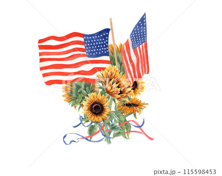 Patriotic Sunflower Bouquet with American Flags. Summer Flowers with intertwined ribbons. Watercolor illustration. Celebrating fourth of July USA with pride and honor. Holiday event. Independence day Patriotic Sunflower Bouquet with American Flags. Summer Flowers with intertwined ribbons. Watercolor illustration. Celebrating fourth of July USA with pride and honor. Holiday event. Independence day 115598453