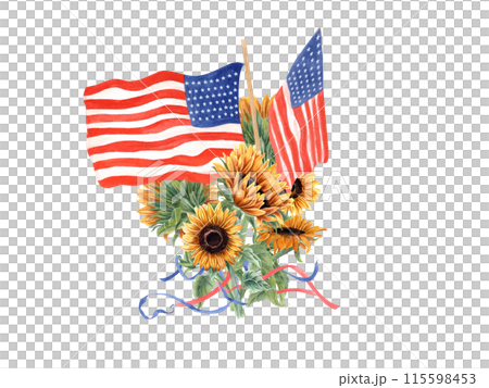 Patriotic Sunflower Bouquet with American Flags. Summer Flowers with intertwined ribbons. Watercolor illustration. Celebrating fourth of July USA with pride and honor. Holiday event. Independence day 115598453
