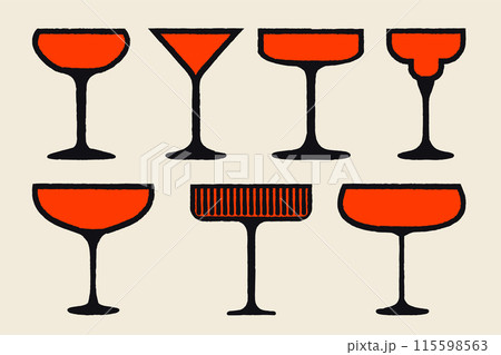 Vector illustration with texture. Silhouette drawing of margarita and tequila glass set Vector illustration with texture. Silhouette drawing of margarita and tequila glass set 115598563
