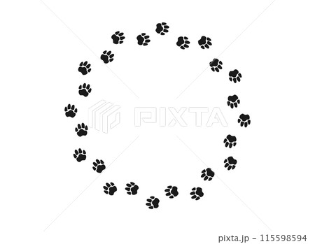 Circular frame with pet's paw print. Black silhouette pathway of dog or cat footprints arranged in a circle. Frame with pet footprints for design of shop windows, websites, etc. Vector illustration. 115598594