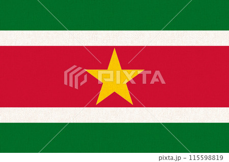 Flag of Suriname. Surinamese flag on fabric surface. National symbol Flag of Suriname. Surinamese flag on fabric surface. National symbol 115598819