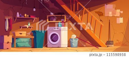 Basement room interior background banner for game design. Abandoned cellar with wooden broken staircase, old laundry machine, boxes and shelves, cracked walls with cobweb. Vector cartoon illustration Basement room interior background banner for game design. Abandoned cellar with wooden broken staircase, old laundry machine, boxes and shelves, cracked walls with cobweb. Vector cartoon illustration 115598938