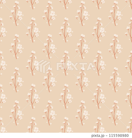 Cotton branch seamless pattern. Plant of cotton with bolls endless background. Organic plant repeat cover. Soft fabric symbols loop ornament tile. Vector simple hand drawn illustration 115598980