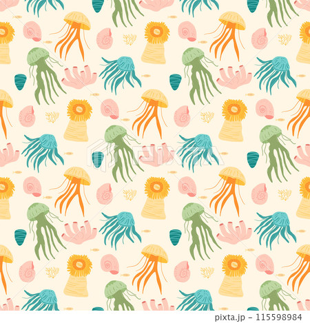 Aquatic Invertebrates seamless pattern. Jellyfishes, sea anemone and others endless background. Vector hand drawn flat illustration. 115598984