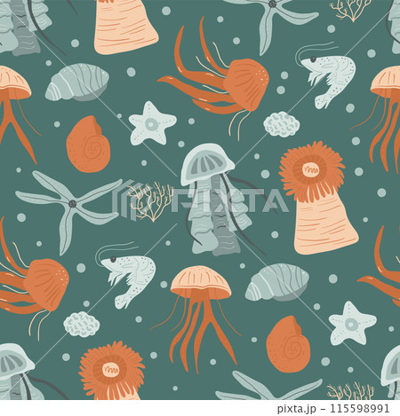 Seamless pattern with diverse sea life including various jellyfish, sea stars, and coral seamless pattern. endless background. Vector hand drawn flat illustration. 115598991