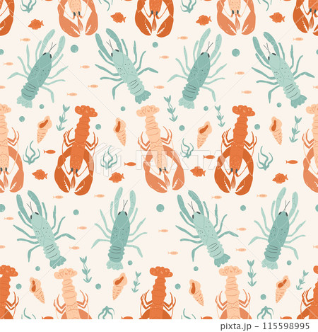 Seamless pattern with Crustaceans. Lobsters and crawfishes with shells and seaweed repeat cover backdrop. Underwater sea life endless background. Vector hand drawn flat illustration. Seamless pattern with Crustaceans. Lobsters and crawfishes with shells and seaweed repeat cover backdrop. Underwater sea life endless background. Vector hand drawn flat illustration. 115598995