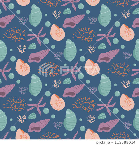 Seashells seamless pattern. Barnacles and starfish endless background. Underwater life repeat background. Vector hand drawn flat illustration. 115599014