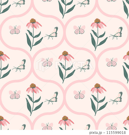 Elegant damask seamless pattern featuring purple coneflowers intertwined with delicate butterflies. Purple echinacea flower ornament. Vector flat hand drawn illustration. Elegant damask seamless pattern featuring purple coneflowers intertwined with delicate butterflies. Purple echinacea flower ornament. Vector flat hand drawn illustration. 115599018