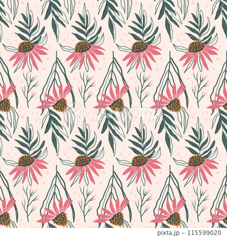 Wildflowers seamless pattern. Floral coneflowers endless background. Purple echinacea flower ornament. Vector flat hand drawn illustration. Wildflowers seamless pattern. Floral coneflowers endless background. Purple echinacea flower ornament. Vector flat hand drawn illustration. 115599020