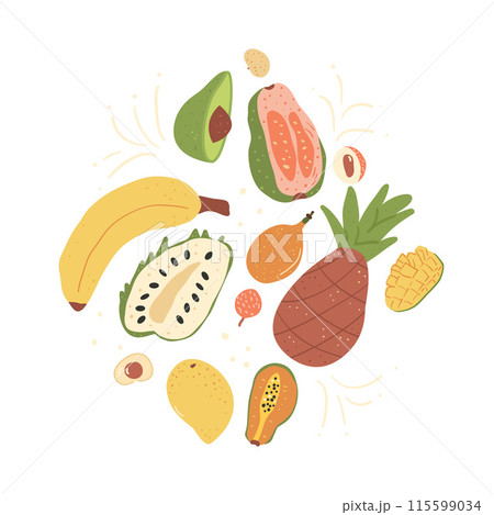 Tropical fruits isolated on white background. Set of exotic sweet salad dessert. Vector hand drawn flat collection illustration. Tropical fruits isolated on white background. Set of exotic sweet salad dessert. Vector hand drawn flat collection illustration. 115599034