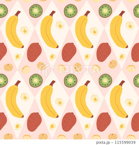 Banana, kiwi and longan seamless pattern. Tropical sweet dessert y2k endless background with rhombus. Vector hand drawn flat illustration. 115599039