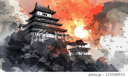 夕暮れ時の壮大な水墨画風の日本の城、テキストスペース 115599553