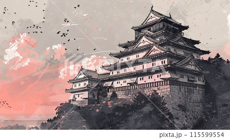 夕暮れ時の壮大な水墨画風の日本の城、テキストスペースのイラスト素材