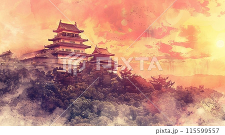 夕暮れ時の壮大な水墨画風の日本の城、テキストスペース 夕暮れ時の壮大な水墨画風の日本の城、テキストスペース 115599557