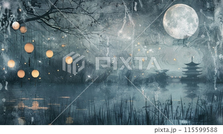 月明かりの下の幻想的な湖畔風景の水墨画アート 115599588