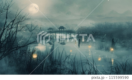 月明かりの下の幻想的な湖畔風景の水墨画アート 115599590