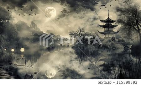 月明かりの下の幻想的な湖畔風景の水墨画アートのイラスト素材