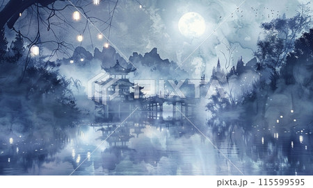 月明かりの下の幻想的な湖畔風景の水墨画アートのイラスト素材