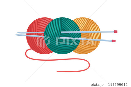Balls of yarn with knitting needles. Clews, skeins of wool. Tools for knitwork, handicraft, crocheting, hand-knitting. Female hobby. Vector. 115599612