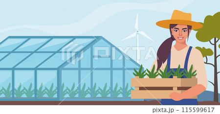 Woman farmer stands near greenhouse and holding box with seedlings in hands. Farming plant cultivation. Design for agriculture, horticulture or agronomy. Template for banner, poster, flyer. Vector. 115599617