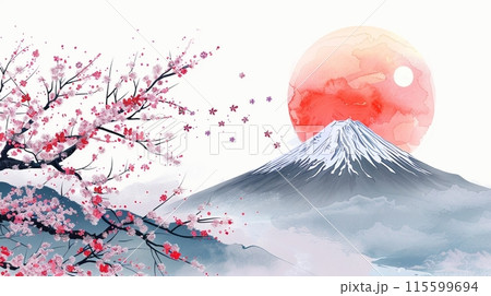桜と日の出の富士山の水墨画アートのイラスト素材 [115599694] - PIXTA