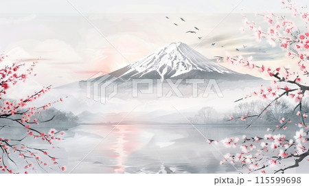桜と日の出の富士山の水墨画アートのイラスト素材 [115599698 桜と日の出の富士山の水墨画アートのイラスト素材 [115599698
