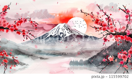 桜と日の出の富士山の水墨画アートのイラスト素材 [115599702] - PIXTA