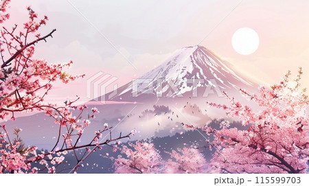 桜と日の出の富士山の水墨画アート 115599703