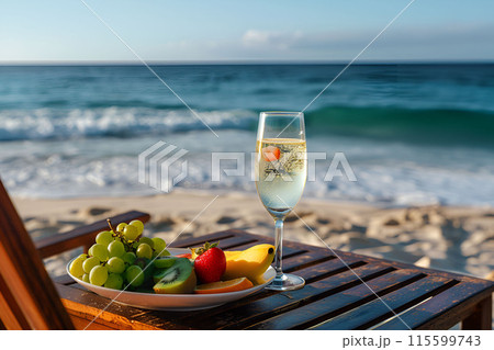 Plate with fruit , deck chair, sand, sea, glass of champagne Plate with fruit , deck chair, sand, sea, glass of champagne 115599743