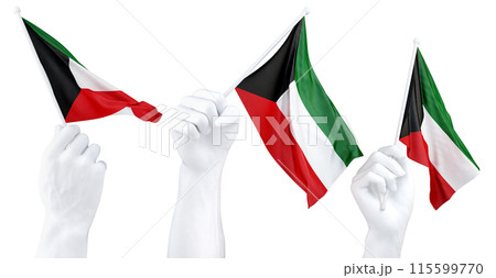 Hands waving Kuwait flags isolated on white 115599770