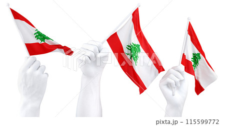 Hands waving Lebanon flags isolated on white 115599772