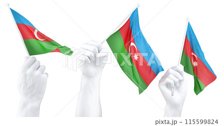 Hands waving Azerbaijan flags isolated on white 115599824