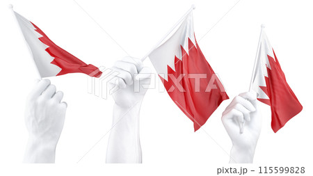 Hands waving Bahrain flags isolated on white Hands waving Bahrain flags isolated on white 115599828