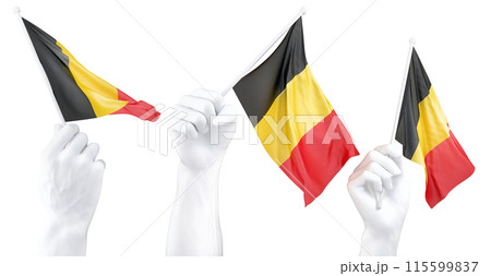 Hands waving Belgium flags isolated on white 115599837