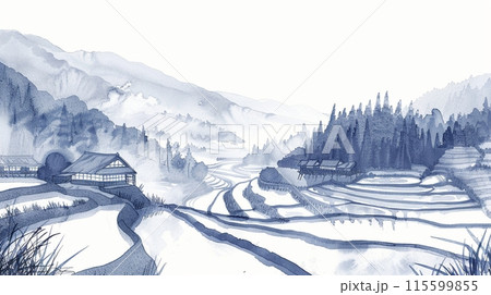 水墨画 風景画 自然と村落