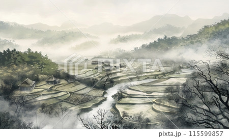 水墨画スタイルの静かな日本の村のイラスト素材 [115599857] - PIXTA