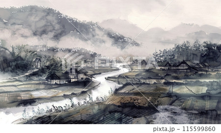 、水墨画スタイルの風景画 水墨画スタイルの静かな日本の村のイラスト素材 [115599860] - PIXTA